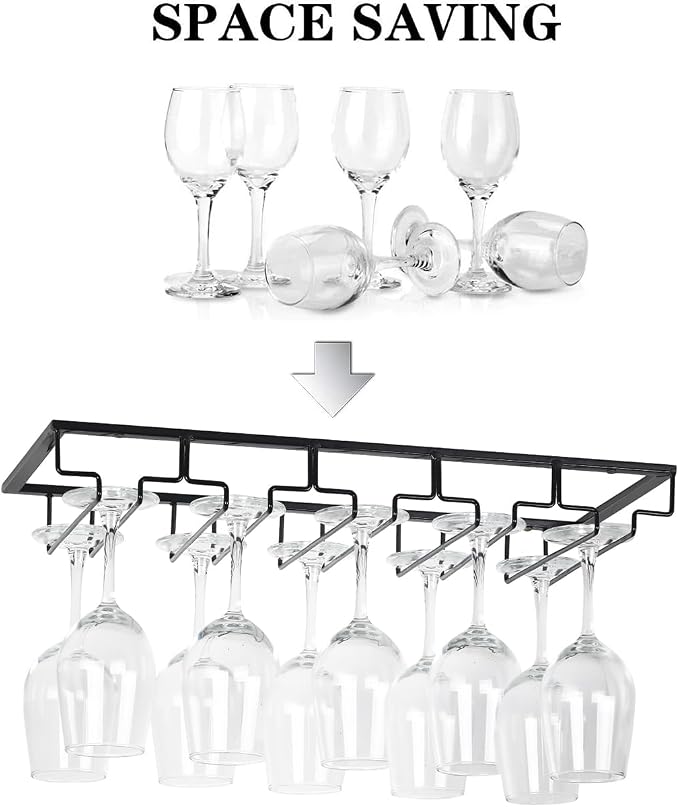 FOMANSH Wine Glass Rack - Under Cabinet Stemware Wine Glass Holder Glasses Storage Hanger 2 Pack Metal Organizer for Bar Kitchen 5 Rows Black