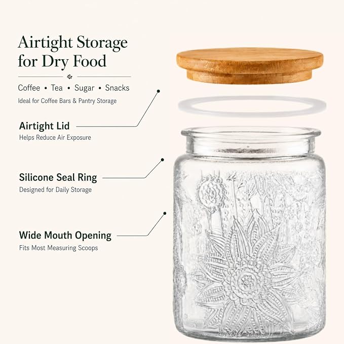 ANSQU Vintage Glass Jar with Lid, 23.7oz Airtight Glass Food Storage Container for Kitchen Counter, Pantry, Decorative Jar for Coffee, Tea, Sugar, Cute Jar