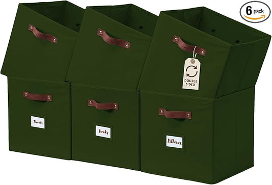 DECOMOMO Storage Bins, Cube Storage Bin with Labels | 10.5" x 11" Fabric Storage Cubes for Shelves (6pcs, Olive Green)