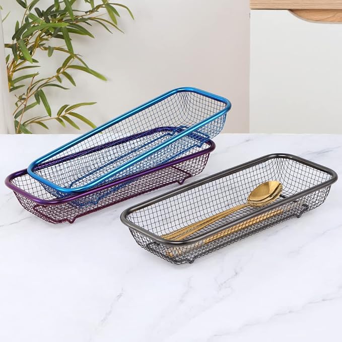 Kitchen Drawer Organizer, Stainless Steel Storage Container Metal Cabinet Storage Basket for Holding Silverware Kitchen Utensil, Pack of 2, Black