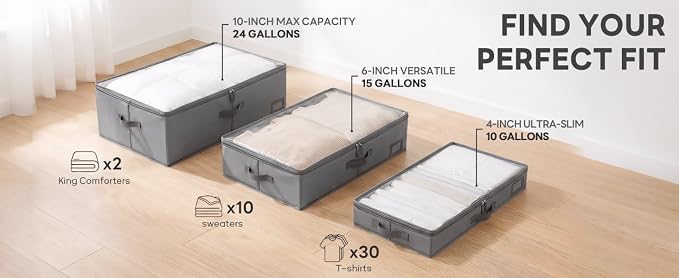 4" Low Profile Under Bed Storage Bins (3-Pack, Grey), Slim 600D Oxford Fabric Clothes Organizer Box with Reinforced Leather Handles, Sturdy Clear Lid