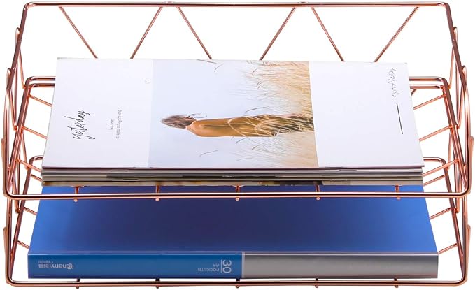 PAG 2 Packs Desktop File Organizer Metal Stackable Horizontal Letter Tray Paper Holder Rack, Rose Gold