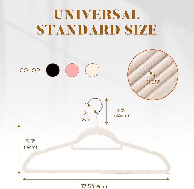HOUSE DAY Velvet Hangers with Tie Bar 20 Pack, Non-Slip Clothes Hanger | Ivory Space Saving Felt Hangers for Pants, Coat, Suits, Shirt, Scarf, No Hanger Marks, with 360° Swivel Hook for Closet