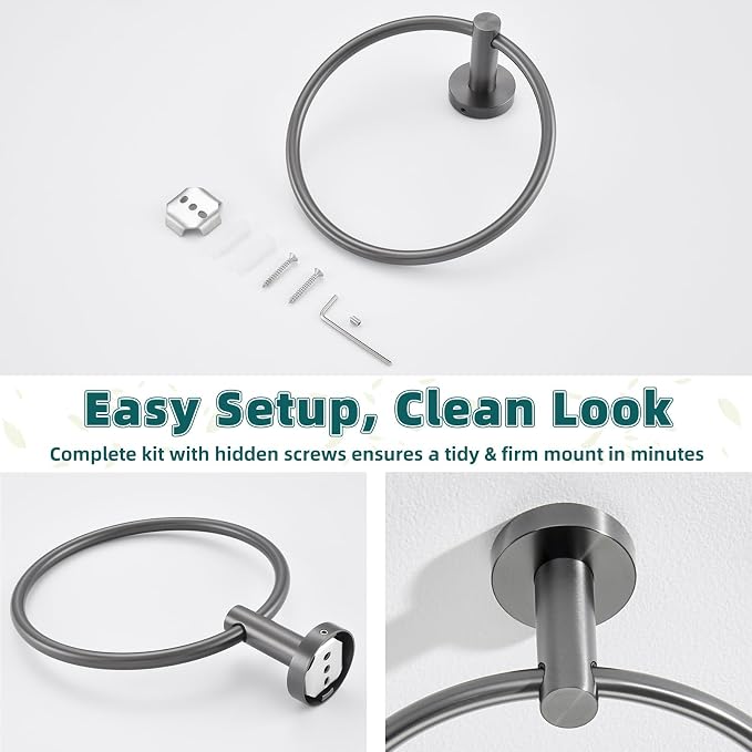 APLusee Gunmetal Gray Towel Ring, 304 Stainless Steel Rustproof Towel Holder for Bathroom Wall Mounted, Easy to Install
