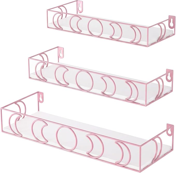 PHAREGE Moon Phase Floating Shelves White Pink, Set of 3 | Small Decorative Wall Shelves for Book Plant Storage, Crystal Figurine Collectibles Display Shelf for Bedroom Kid Room