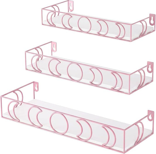 PHAREGE Moon Phase Floating Shelves White Pink, Set of 3 | Small Decorative Wall Shelves for Book Plant Storage, Crystal Figurine Collectibles Display Shelf for Bedroom Kid Room