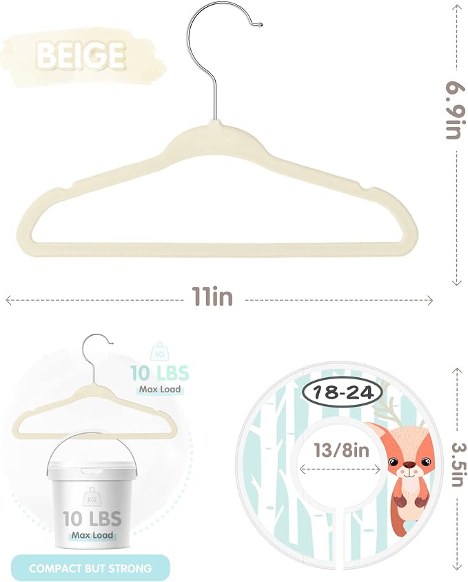 VIS'V Velvet Baby Hangers with 6 Pcs Size Dividers, 11 Inch, Beige, 50 Pcs | Compact Size, Non Slip, Infant Toddler Nursery Closet Organization