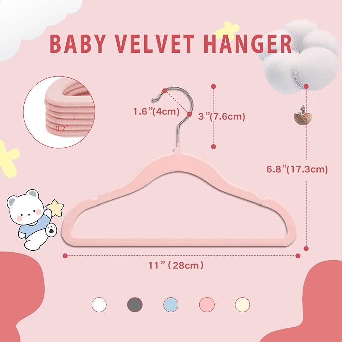 Baby Velvet Hangers, 11 Inches Kids Clothes Hangers, Non-Slip Childrens Hangers for Infant and Toddler 16 Pack Pink