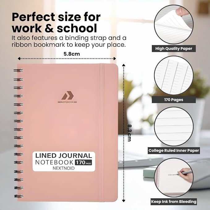 Nextnoid Lined Spiral Notebook Journal For Women & Men - A5(5.8" x 8.3") 170 Pages, Hardcover Notebooks for Work & Note Taking, College Ruled Journals for Writing - Blue
