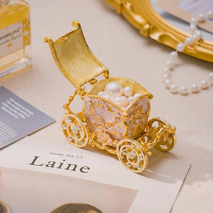 Retro Carriage Jewelry Trinket Box Enamel Ring Hold Boxes Hand-Painted Vintage Ornaments Craft Gift for Women Girls (Pink)