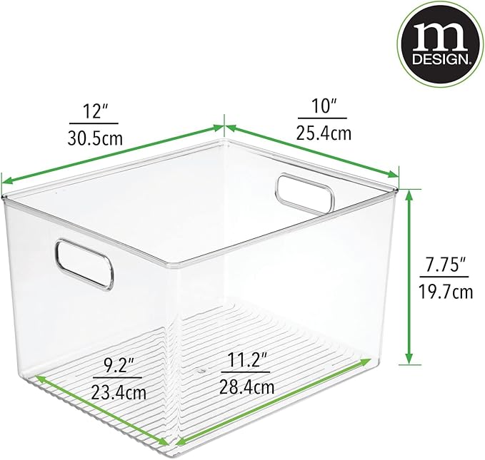 mDesign Plastic Modern Kitchen, Pantry Food Storage Container Bin w/ Handles - Cabinet, Fridge/Freezer, Countertop Organizer - Snacks/Drink/Appliances; Ligne Collection, Clear, 12x10x7.75 (Pack of 2)