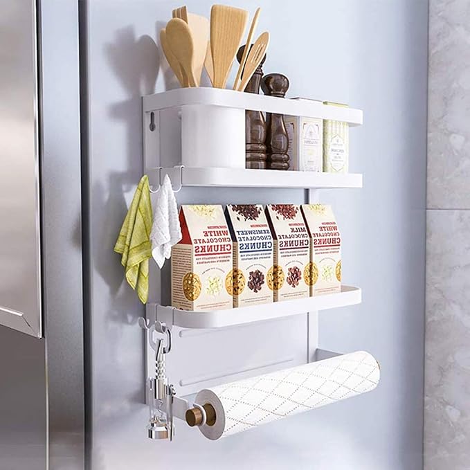 Magnetic Spice Rack for Refrigerator White Magnetic Paper Towel Holder for fridge Magnetic Shelf Magnetic Shelves Fridge Magnet Organizer Spice Rack Kitchen Organization Kitchen Storage