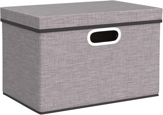 PRANDOM Foldable Storage Boxes with Lids [3-Pack] Linen Fabric Collapsible Storage Bins Organizer Containers Baskets Cube with Cover for Home Bedroom Closet Office Nursery (14.9x9.8x9.8)