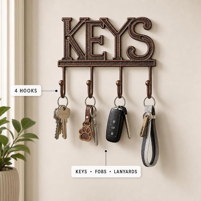 Comfify Copper-Black Cast Iron Key Holder for Wall – Keys Sign with 4 Hooks | Warm copper and black antique finish; mounting hardware included; entryway, hallway or door; 6"H x 8"L; holds 8 keychains
