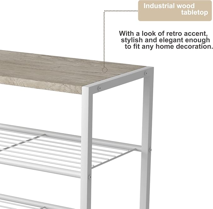 HOMEFORT 4-Tier Shoe Rack, Modern Industrial Shoe Storage Tower, Narrow Shoe Organizer for Closet Entryway, Small Shoe Rack Table with Durable Metal Shelves and MDF Top, White Oak