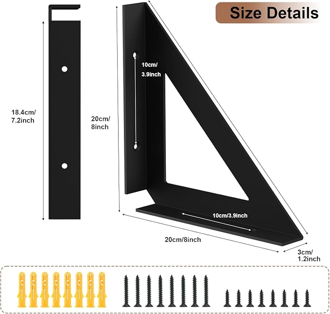 Heavy Duty Shelf Bracket 8 Inch, 4 Pack Black Brackets Right Angle Triangle Wall Mount, Durable for Garage & Workshop Organization
