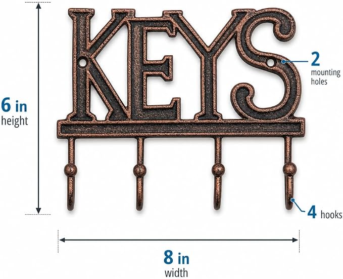 Comfify Copper-Black Cast Iron Key Holder for Wall – Keys Sign with 4 Hooks | Warm copper and black antique finish; mounting hardware included; entryway, hallway or door; 6"H x 8"L; holds 8 keychains