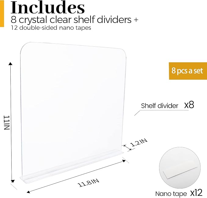 ROUFA Clear Acrylic Shelf Dividers, 8Pcs Closet Dividers Fit for Any Thickness of Shelves, Multi-Purpose Wood Shelf Separators for Bedroom, Kitchen, Office, Bathroom, 11.8''x11''