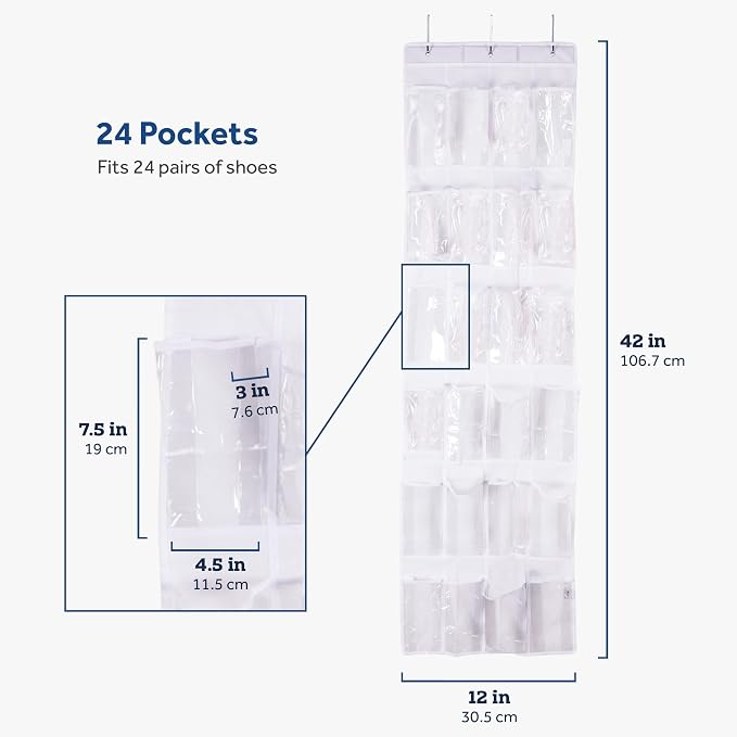 ZOBER Over the Door Shoe Organizer, 24 Pockets - Hanging Shoe Rack W/Mesh Pockets to Store Shoes, Towels, Snacks, Toys - Closet, Pantry Storage