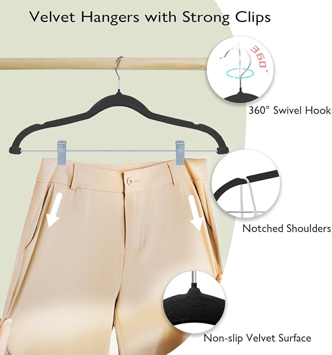 ManGotree Pants Hangers with Movable Clips, Non-Slip Velvet Skirt Hangers, Space-Saving Clothes Hangers for Pants, Skirts, Shirts, Coats, Dresses (18 Pack, Black)