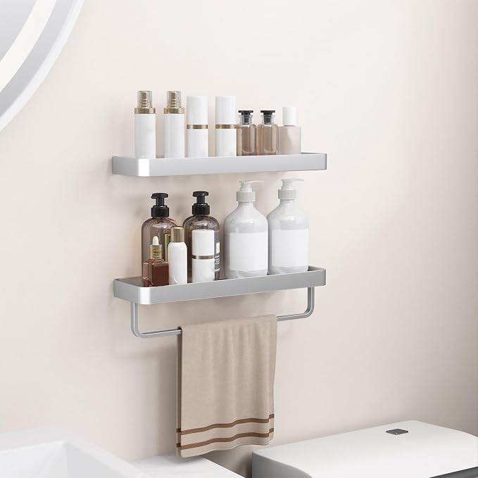 Danpoo 16-Inch Silver Floating Bathroom Shelves with Towel Bar, Clear Tempered Glass Wall Shelf 2-Pack – Versatile Bathroom Organizer Set