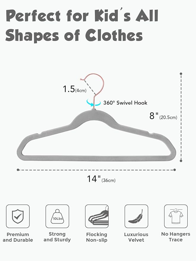 Smartor Kids Velvet Hangers 50 Pack, 14 Inch Premium Non Slip Kids Felt Hangers for Closet, Space Saving Toddler Clothes Hanger for Youth's Childrens' Clothes (Rose Gold Hook)- Grey