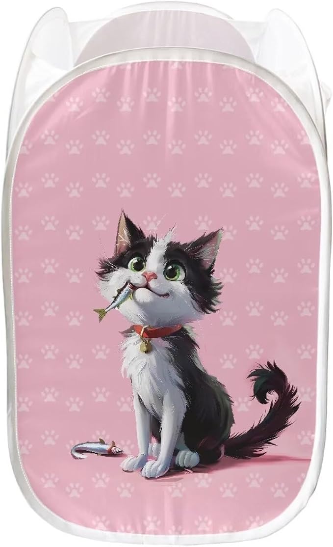 AFPANQZ Cartoon Cat Print Pop-Up Laundry Hamper with Side Pocket Mesh Fabric Collapsible Design for Clothes Laundry Home Organization Foldable Nursery Hampers 61L