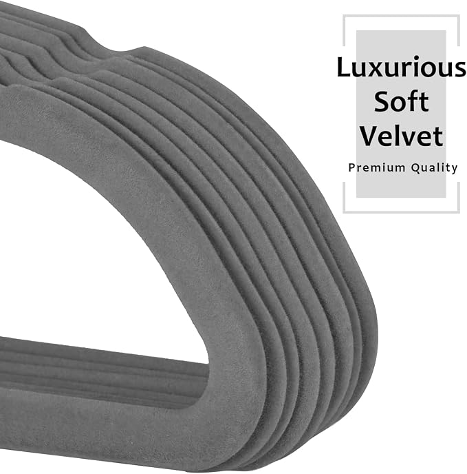 VECELO Premium Velvet Clothes Hangers Suit Heavy Duty (50 Pack)-Non Slip & Space-Saving with 6 Finger Clips & Tie Rack Excellent for Men and Women,Gray