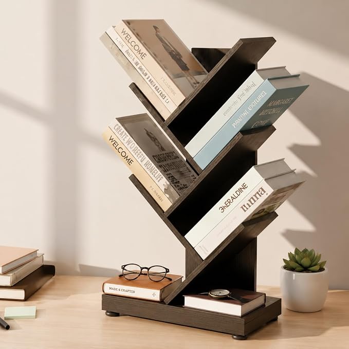 ruboka 5 Tier Tree Bookshelf, Small Bookcase, Black, 11.8"*7.4"*24" | Retro Narrow Bookshelves for CDs/Magazines, Book Shelf for Bedroom, Living Room, Office, Balcony, Study Room