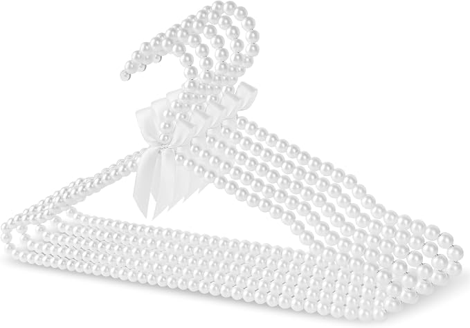 Linkidea 5 Pack Pearl Beaded Clothing Hanger, Elegant Non-Slip Plastic Design for Dresses & Pants, Closet Organizer for Wedding & Special Occasion (White)