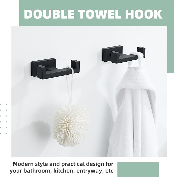 APLusee Double Bath Towel Hook 2 Pack, 304 Stainless Steel Square Dual Coat Holder, Modern Bathroom Kitchen Storage Hanger Wall Mounted, Matte Black