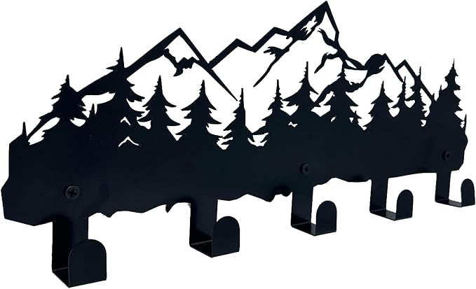 Metal Mountain Coat Hooks and Key Holder, Mountain Design Wall Art Decor, Clothes Hat Rack, and Backpack Hanger, Storage Decor for Living Room, Hallway, Office, Kitchen, Entryway, and Bedroom