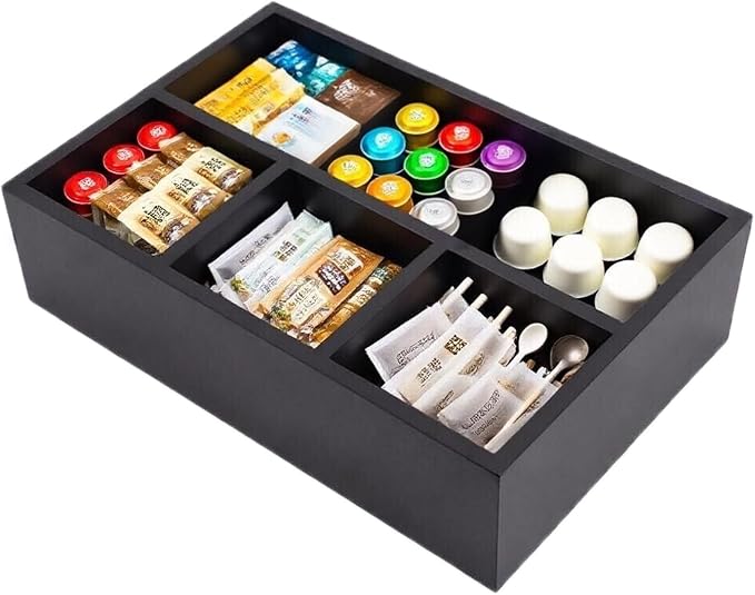 Tea Bag Organizer Black Wood Tea Bag Holder 4 Compartments Coffee Drawer | Large Capacity Sugar Packet Holder Coffee Station Organizer Tea Bags Caddy Drawer Storage Container for Countertop