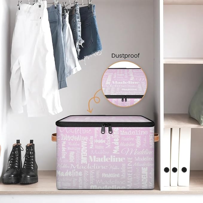 Custom Storage Basket with Name, Personalized Keepsake Box with Zipper Lid, Foldable Fabric Memory Bin Large capacity with Handle Grey Pink Gradient