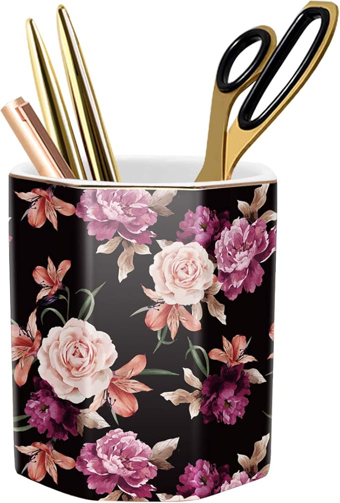 Pen Holder, Pencil Holder for Desk Floral Pattern Pencil Cup for Girls Kids Durable Ceramic Desk Organizer Makeup Brush Holder for Office, Classroom, Home, Black Flower