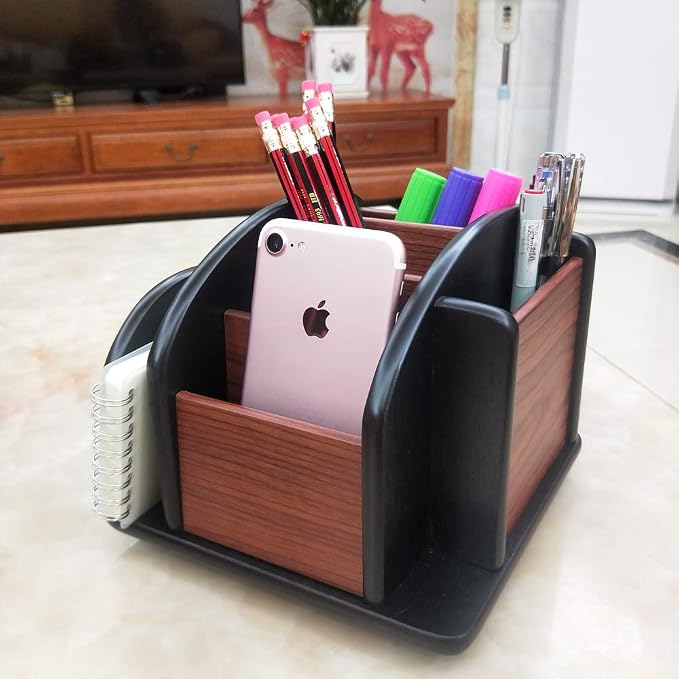 Revolving Remote control caddy,Wooden pen holder for desk office supplies stationery storage, Multi function home & office desktop organizer YCL875R