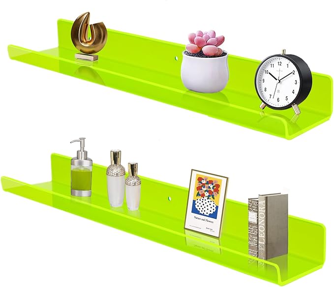 ROYALITA 2-Pack Acrylic Shelves Wall Mounted, 24 Inch Floating Shelves | for Small Items Plants Organize Wall Shelves for Gaming Room, Bedroom, Living Room, Office, Green