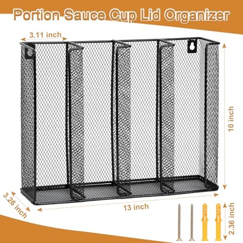 Wall Mount Portion Sauce Cup Lid Organizer 4 Compartments Iron Sauce Cup Dispenser Black Cup and Lid Holder Organizer Fi