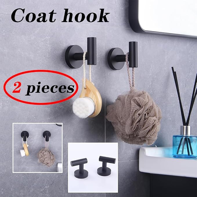 GERZWY Bathroom Matte Black Coat Hook SUS 304 Stainless Steel Single Towel/Robe Clothes Hook for Bath Kitchen Contemporary Hotel Style Wall Mounted 2 Pack AG1107B-BK