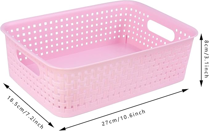 Plastic Storage Baskets, Small Pantry Baskets for Organizing, Woven Basket Organizer Basket Bins for Shelves, Organizer and Storage for Bathroom, Bedrooms, Kitchens (Pink 6pcs)
