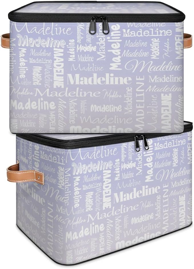 Custom Storage Basket with Name, Personalized Keepsake Box with Zipper Lid, Foldable Fabric Memory Bin Large capacity with Handle Purple White