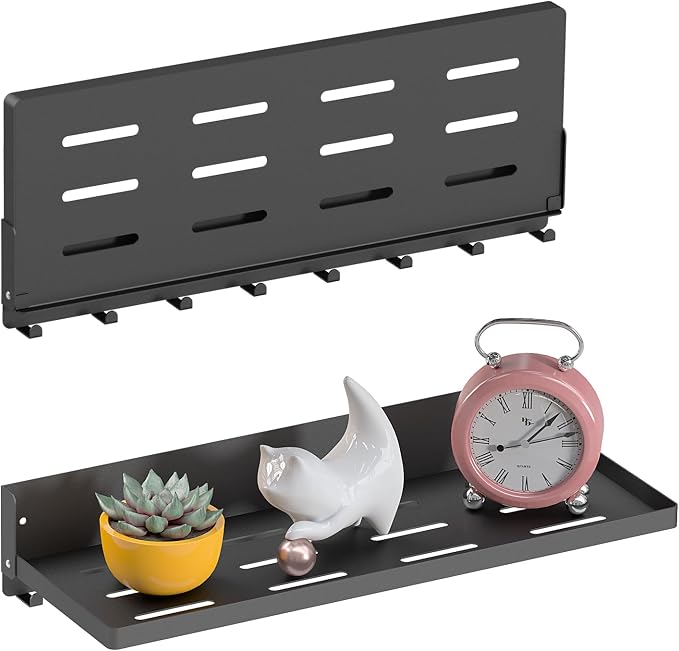 Folding Shelf with Hooks Wall Mount, Laundry Room Metal Shelves, Fold Up 90° and 8 Hooks, Foldable Storage Wall Shelf for Rv, Utility Room, Garage, Space Saving, Black（17.0", 2 Pack）