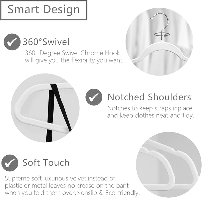 MIZGI Premium Velvet Hangers (60 Pack) Heavy Duty - Non Slip Felt Suit White Chrome Hooks,Space Saving Clothes White/Silver