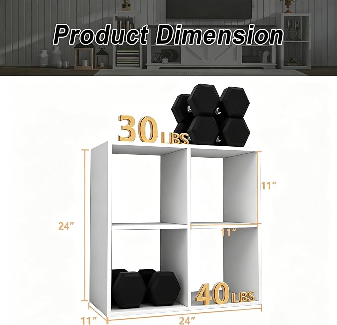 4 Cube Shelf with Anti-Tipping Kits + Reversible Open Back Bookcase, Multi Layer and Multi Grid Partition Layout (White 11in)