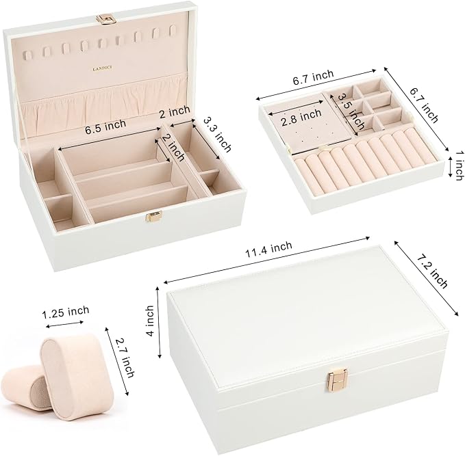LANDICI Jewelry Box Organizer for Men Women, 2 Layer 4 Slot Watch Storage Case with Removable Tray, PU Leather Large Jewellery Holder Display for Watches Sunglasses Rings Earrings Necklace, White