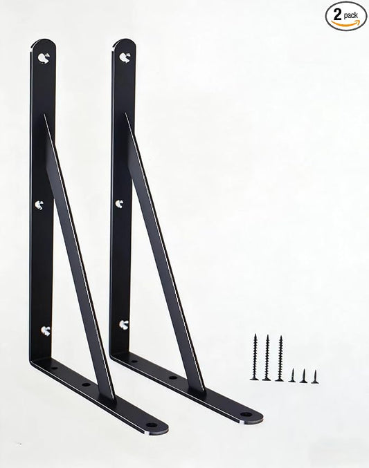 2 Pack L10 x H 8" Black Heavy Duty Shelf Brackets with Screws Metal Shelf Brackets Shelf Support Angle Brackets for Shelves L Brackets Heavy Duty Floating Shelf