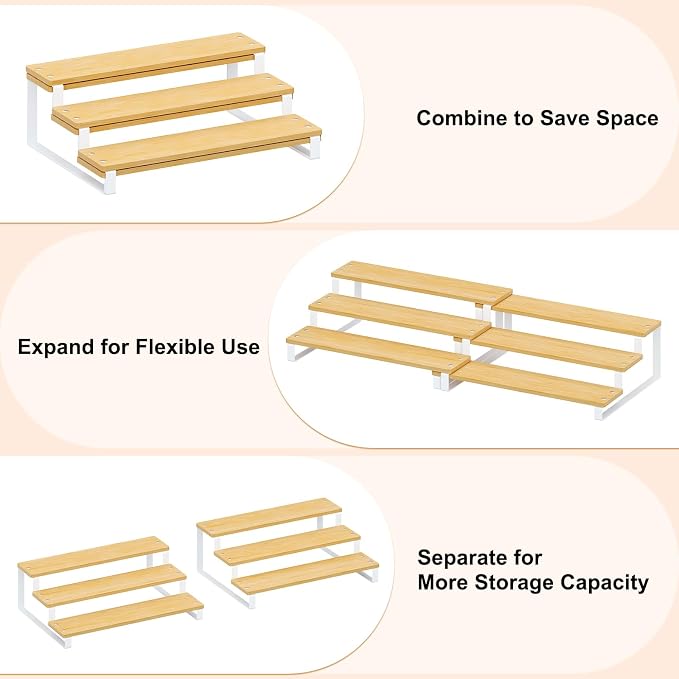 Expandable Can Organizer for Pantry, 3-Tier Adjustable Bamboo & Iron Can Rack for Cabinets, Easy Access Food Storage Shelf for Canned Goods