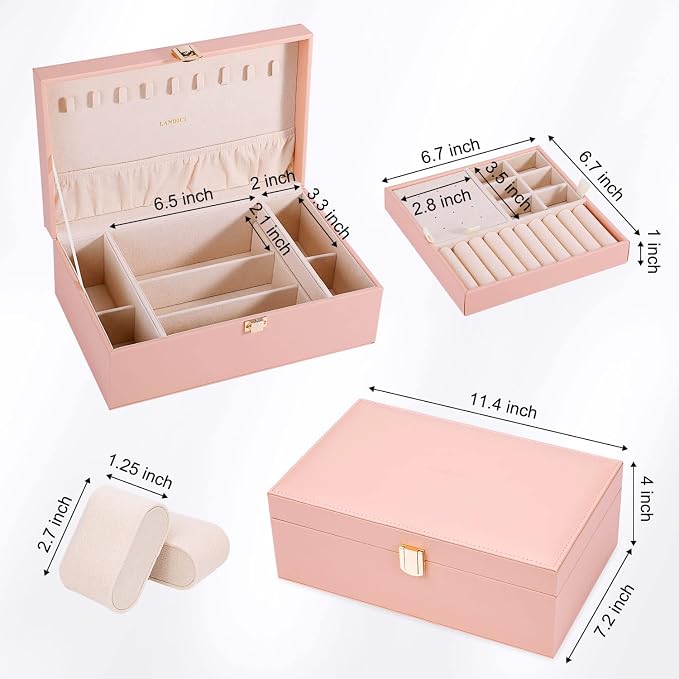 LANDICI Jewelry Box Organizer for Women, 2 Layer 4 Slot Watch Storage Case with Removable Tray, PU Leather Large Jewellery Holder Display for Watches Sunglasses Rings Earrings Necklace, Pink