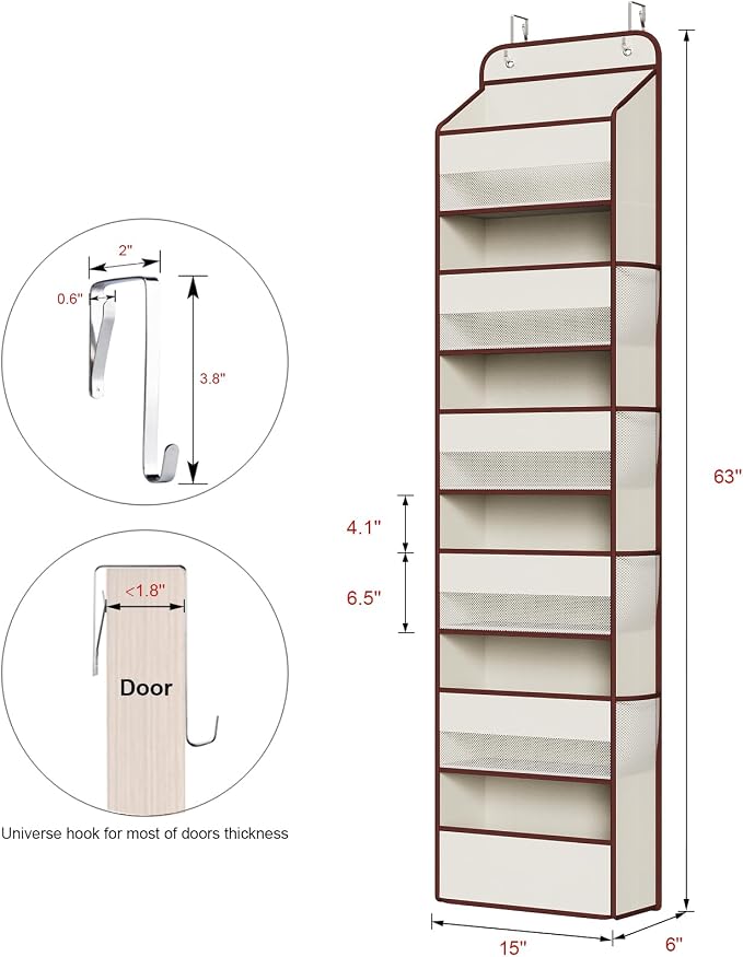 Univivi 6 Tier Over The Door Organizer With 8 Mesh Side Pockets, Bathroom Organizers and Storage Over The Door Organizer For Nursery Baby Essentials (Beige)