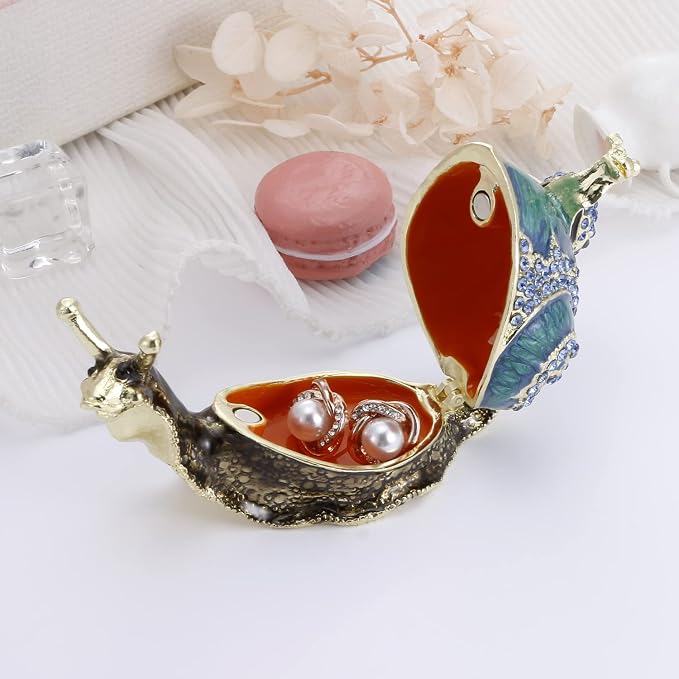Hand Painted Animal Trinket Box for Home Decor, Hinged Jewelry Organizer Storage, Unique Personalized Collectible Keepsake Figurine Handmade Decorative Ornament Gifts (Snail)